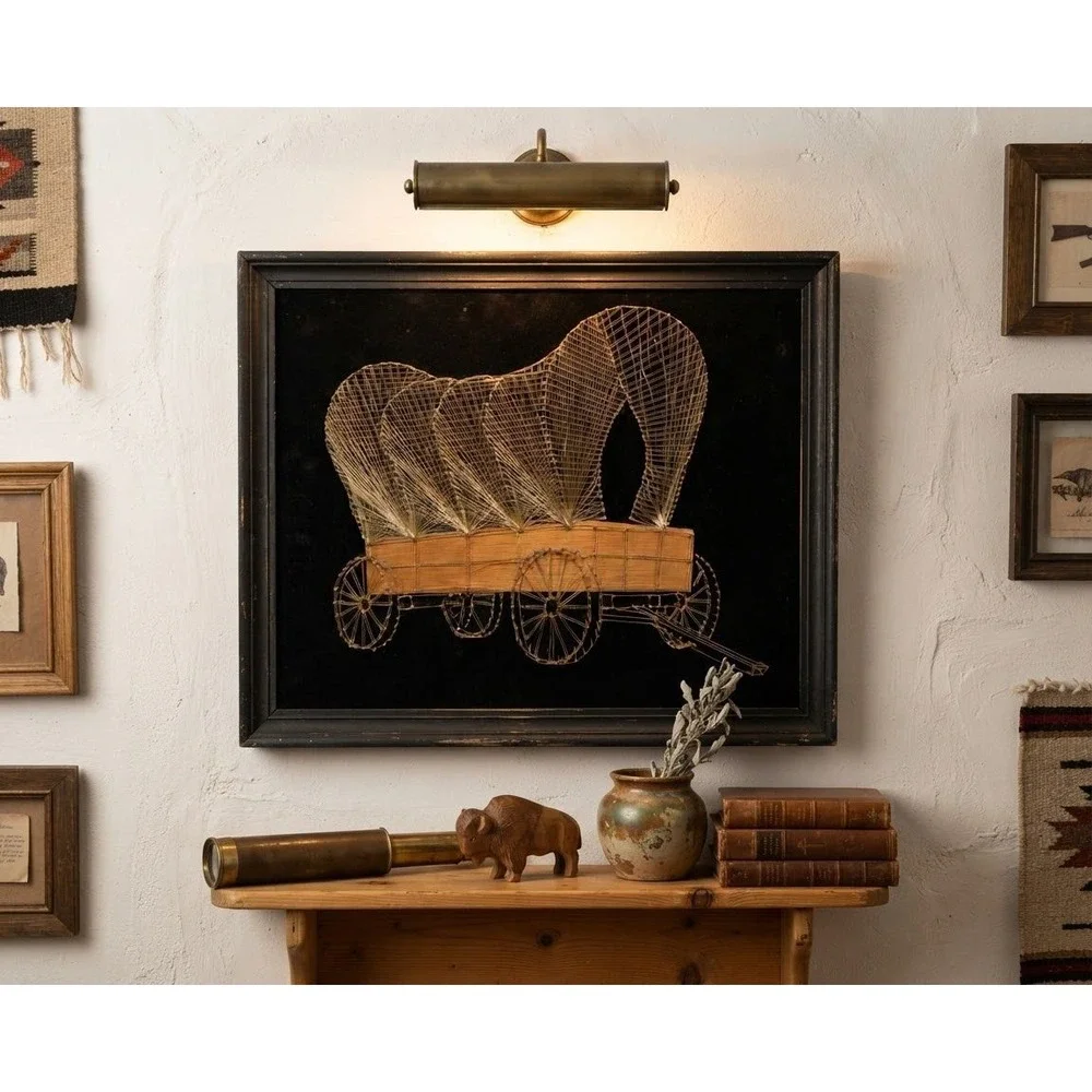 Vintage String Art Covered Wagon Pioneer Days Western Folk Art Velvet 20x16